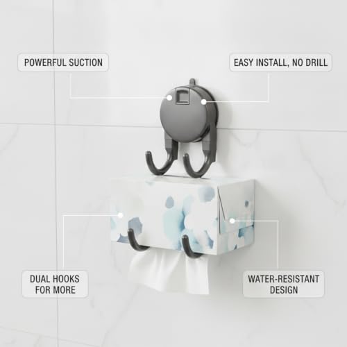 Suction Cup Tissue Box Holder with Double Hooks, Wall Mount Bathroom Dispenser for Tile, Glass & Mirror, No Drilling Required (Gray/White) - color: Gray