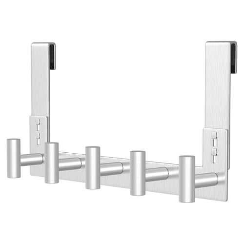 HUFEEOH Over The Door Hooks, 1 Pack Stainless Steel Door Hanger for Towel & Coat, Tool-Free T Shape Bathroom & Dorm Hooks for Hanging (Silver, Fits 3/8" Thick Door - 5 "T“ Hooks) - color: Silver, size: Fits 3/8" Thick Door - 5 "T” Hooks