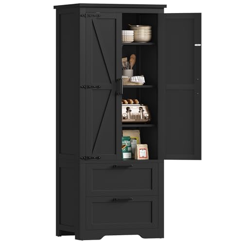 66.1" H Storage Cabinet, Farmhouse Kitchen Pantry Cabinet with 2 Drawers & Adjustable Shelf, Bathroom Cabinet, for Living Room, Kitchen, Bathroom, Black - color: Black