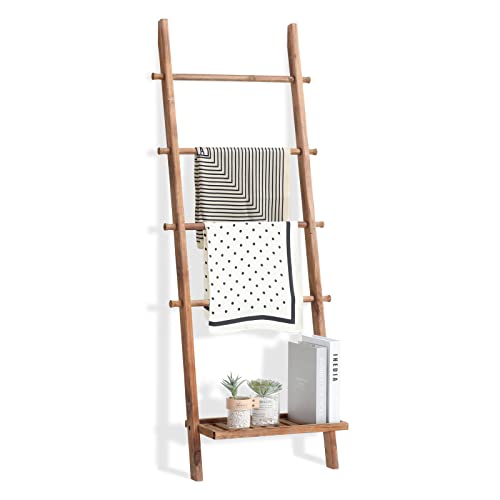 Blanket Ladder, 57in Wood Rustic Decotative Ladder with Bottom Shelf | bottom shelf, towel quilt display holder, organize blanket, leaning wall, living room and bathroom use