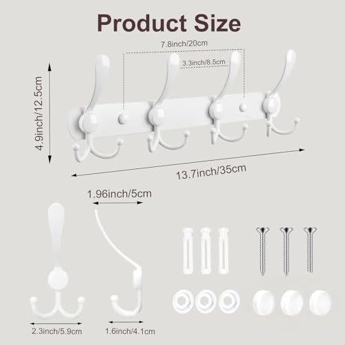 YUNISS Coat Rack Wall Mounted，4 Tri Stainless Steel Coat Hook for Coat Hat Robes Towel in Mudroom Entryway (White, 1 Pack 4) - color: White, size: 1 Pack 4