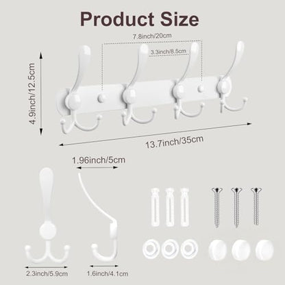 YUNISS Coat Rack Wall Mounted，4 Tri Stainless Steel Coat Hook for Coat Hat Robes Towel in Mudroom Entryway (White, 1 Pack 4) - color: White, size: 1 Pack 4