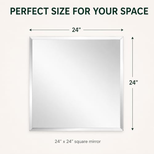 Frameless Square Bathroom Vanity Mirror with Beveled Edge - Shatterproof Wall Mounted Mirror with Safety Backing - 24x24 Inch - Fab Glass and Mirror - size: 24"L x 24"W, style: Square
