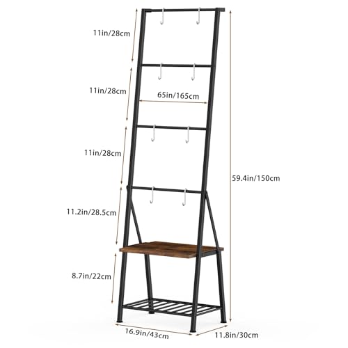 CADUKE Blanket Ladders for the Living Room, 6-Tier Rustic Blanket Rack Decorative Stand, Quilt Display Holder, Freestanding Towel Rack with Metal Frame, Wooden Shelf & 8 Hooks for Bedroom Bathroom