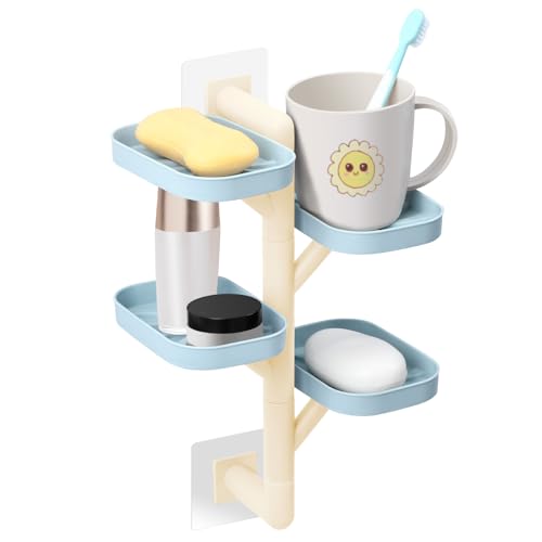 Soap Holder Four Layer Wall Mounted NO-Drilling Rotatable Self-draining Removable Soap Dish for Shower Bathroom Tray,Self Draining Sponge Holder,Razor Holder (Blue/Ecru) - color: Blue/Ecru