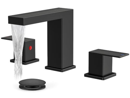 FORIOUS Waterfall Black Bathroom Faucet 3 Hole, 8 Inch Widespread Faucets | Waterfall Bathroom Faucet Widespread, Matte Black Faucet for Bathroom Sink 3 Holes Vanity with Drain and Hoses for Wholesale - color: Matte Black, style: Transitional