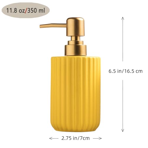 Chic Soap Dispenser, Vertical Stripe Design with Gold Pump(Yellow) | Cylinder-Shaped Ceramic Lotion Dispenser - color: Yellow