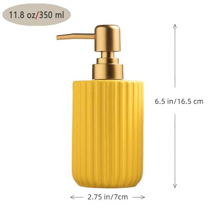 Chic Soap Dispenser, Vertical Stripe Design with Gold Pump(Yellow) | Cylinder-Shaped Ceramic Lotion Dispenser - color: Yellow