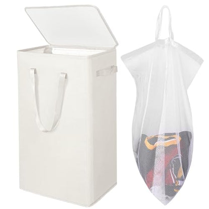 Odonata 75L Slim Laundry Hamper with Lid,Large Foldable Laundry Basket with Removable Bag and Handles Tall Collapsible Dirty Clothes Basket Great for Bedroom, Bathroom, Dorm, College,RV. (Beige, 75L) - color: Beige