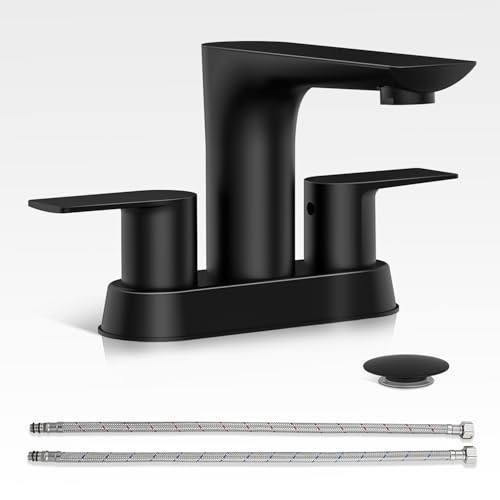 Bathroom Sink Faucet, Black Faucet for Sink 4 Inch 2 Handle Centerset, Bathroom Faucets with Pop Up Drain and 2 Supply Hoses, Stainless Steel Lead-Free RV Vanity Sink Faucet - color: 1.Matte Black, style: 1 PC