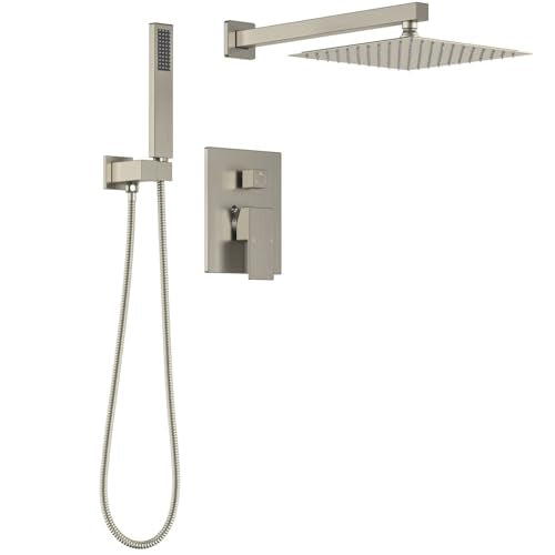 Lava Odoro Modern 2-Setting Square Shower System with Rain Shower Head and Handheld Spray Brushed Nickel, Rainfall Shower Faucet Set Brushed Nickel, Shower Valve and Trim Kit, SF103-BN - color: Brushed Nickel, style: Without Tub Spout