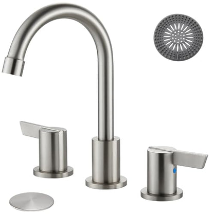 Bathroom Sink Faucet 3 Hole, 8 Inch Widespread, Brushed Nickel | Lead-Free SUS304 Stainless Steel 8-Inch Widespread Bathroom Faucet with Pop-Up Drain & Supply Lines - color: Brushed Nickel