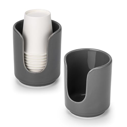 3 oz Original Ceramic Bathroom Cup Dispenser, (2 Pack, Grey) | With 5 PLA Paper Cups, Bathroom Essential Accessories for Mouthwash Cup Holder - color: Grey, size: 2 Pack