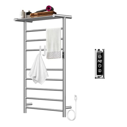 Heated Towel Racks for Bathroom, 11Bar Electric Towel Warmer Rack with Shelf & 2 Hooks, Wall-Mounted Time Setting and Temperature Control Heated Drying Rack for Home, Salon, Spa (Silver - color: Sliver