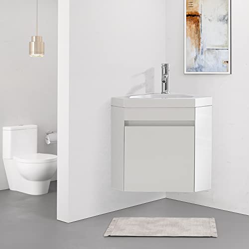 22" Corner Bathroom Vanity Sink Combo – Wall-Mounted White Resin Basin Cabinet Set with Chrome Faucet & Drain (white, 22 inch) - color: White