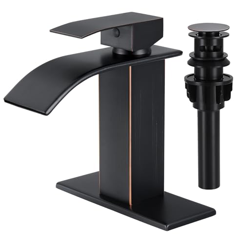 Bathroom Faucets ORB Waterfall Single Handle Bathroom Sink Faucet | with Pop-up Drain & Deck,Supply Hoses,Single Handle Vanity Faucet,Stainless Steel,1 or 3 Hole,RV,Oil Rubbed Bronze - color: A-Oil Rubbed Bronze, style: Short