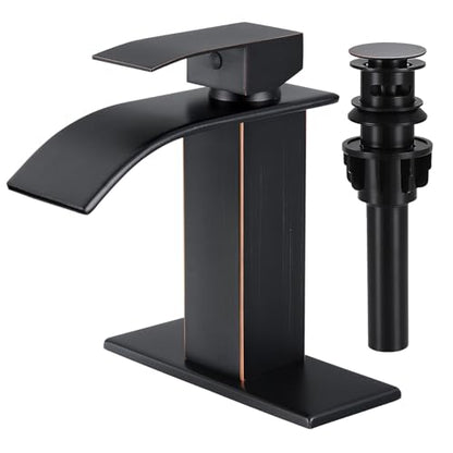 Bathroom Faucets ORB Waterfall Single Handle Bathroom Sink Faucet | with Pop-up Drain & Deck,Supply Hoses,Single Handle Vanity Faucet,Stainless Steel,1 or 3 Hole,RV,Oil Rubbed Bronze - color: A-Oil Rubbed Bronze, style: Short