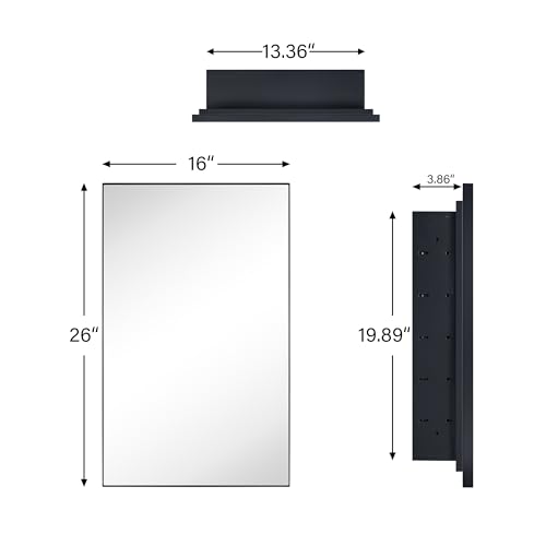 TEHOME Recessed Mount 16x26'' Squared Rectangle Matt Black Bathroom Medicine Cabinet with Mirror Black Metal Framed Rectanglular Medicine Cabinet 2 Adjustable Glass Shelves - color: Black