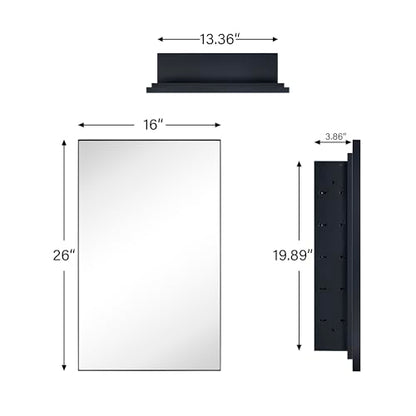 TEHOME Recessed Mount 16x26'' Squared Rectangle Matt Black Bathroom Medicine Cabinet with Mirror Black Metal Framed Rectanglular Medicine Cabinet 2 Adjustable Glass Shelves - color: Black