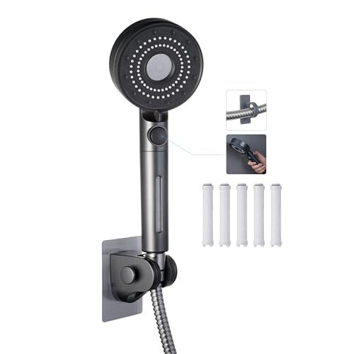 Handheld Filter RV Shower Head with Stainless Steel Shower Hose | ON OFF Switch,5 Mode High Pressure Spray,for RV,Camper,Bathroom,with No Drilling Wall Mount Adhesive Shower Holder