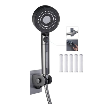 Handheld Filter RV Shower Head with Stainless Steel Shower Hose | ON OFF Switch,5 Mode High Pressure Spray,for RV,Camper,Bathroom,with No Drilling Wall Mount Adhesive Shower Holder