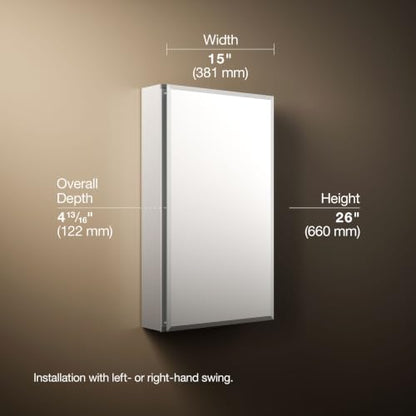 Kohler CB-CLC1526FS Frameless Bathroom Mirror Medicine Cabinet, Single Door, Rectangular Beveled Edge Frame, Bathroom Cabinet Mirror, Adjustable Shelves, 15 in. W x 26 in. H