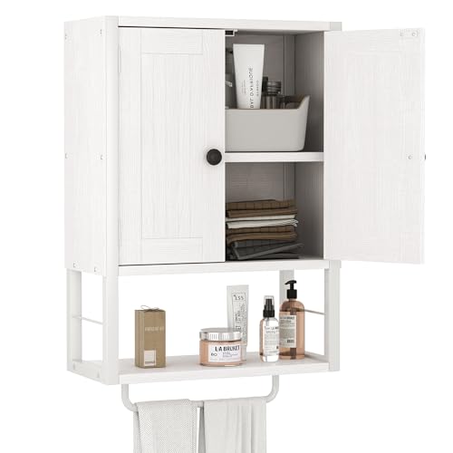 Homeiju Rustic Wall Mounted Medicine Cabinet, White Wood Storage Cabinet with Two Barn Doors, Shelf and Towel Bar for Bathroom, Living Room, Kitchen, White - size: 29.9'' H