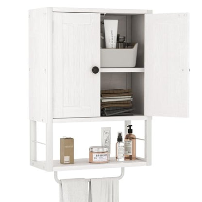 Homeiju Rustic Wall Mounted Medicine Cabinet, White Wood Storage Cabinet with Two Barn Doors, Shelf and Towel Bar for Bathroom, Living Room, Kitchen, White - size: 29.9'' H
