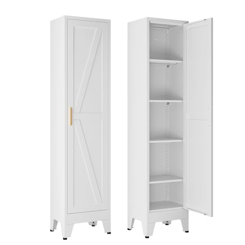67" Tall Storage Cabinet with Reversible Doors and Adjustable Shelves,Metal Slim Freestanding Cabinet for Bathroom Kitchen Garage Small Spaces,White1 Pack - color: White, size: 11.8"D x 15.7"W x 67"H