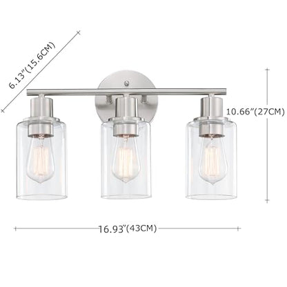 WISBEAM Brushed Nickel Bathroom Vanity Light, 3 Light Bathroom Light Fixtures Over Mirro with Clear Glass Shade Including E26 Medium Base, Bulb NOT Included - color: Silver, size: VNT004