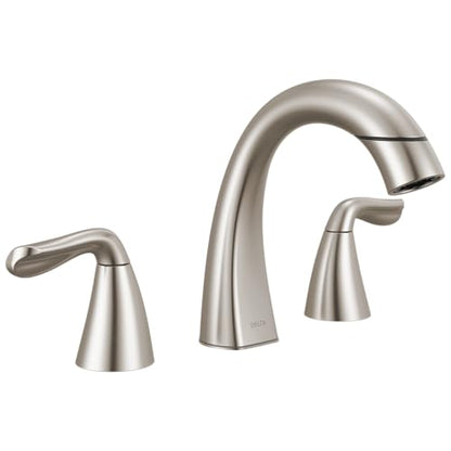 Delta Arvo Brushed Nickel Bathroom Faucet with Sprayer, 8 Inch 3 Hole Widespread Bathroom Sink Faucet with Pull Out Sprayer, Push-Pop Drain, SpotShield Stainless 35840LF-SPPD - color: SpotShield Brushed Nickel