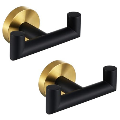 Angle Simple Double Towel Hooks, Bathroom Robe Coat Hook 2 Pack, Black Gold | Solid Stainless Steel, Heavy Duty Dual Holder for Shower Closet Kitchen Living room Entryway, Screws Wall Mounted - color: Black & Gold, size: 2 Pack