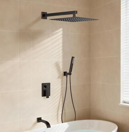 Oil Rubbed Bronze Shower System with Tub Spout, Wall Mounted Bathtub Faucet Set, 12" Rainfall Shower Head and Handheld Shower Combo, High Pressure Shower Fixtures Set with Rough-in Valve - color: Oil Rubbed Bronze, style: 12" Wall Mounted Shower System wi
