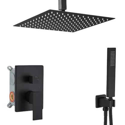 16 Inch Matte Black Ceiling Mount Shower System Bathroom Luxury Rain Mixer Shower Combo Set Ceiling Rainfall Shower Head System Faucet Contain Rough-in Valve and Trim Included - color: Matte Black, size: 16 Inch