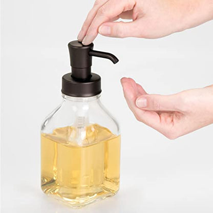 mDesign Square Glass Refillable Liquid Soap Dispenser Pump Bottle for Bathroom Vanity Countertop, Kitchen Sink - Holds Hand Soap, Dish Soap, Hand Sanitizer, Essential Oils - 2 Pack - Clear/Bronze - color: Clear/Bronze