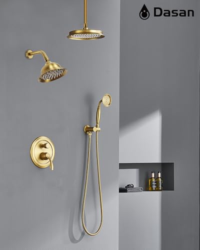 DASAN Antique Dual Shower Head Faucet Set, Brushed Gold Dual Rain Shower Head System Complete Double Head Shower Fixture Combo, 9'' & 6'' Dual Rainfall Overhead Shower with Handheld, Valve & Trim - color: Brushed Gold