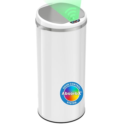 iTouchless 50 Liter / 13 Gallon Sensor Kitchen Trash Can with Odor Filter – Slim Round White Stainless Steel Automatic Garbage Recycling Bin for Home, Office, Business, Garage - color: Alpine White, 13 Gal