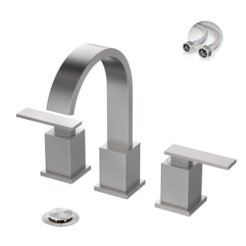 Brushed Nickel 3 Hole Bathroom Faucet 8 Inch Waterfall Vanity Faucet, Bathroom Sink Faucet with Pop Up Drain and Water Supply Line, WF011-BN - color: Brushed Nickel-8 IN