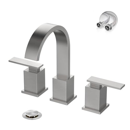 Brushed Nickel 3 Hole Bathroom Faucet 8 Inch Waterfall Vanity Faucet, Bathroom Sink Faucet with Pop Up Drain and Water Supply Line, WF011-BN - color: Brushed Nickel-8 IN