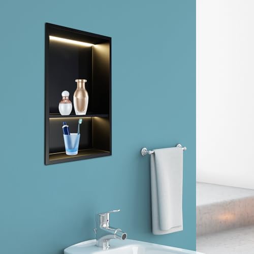 2-tier Stainless Steel Shower Niche with LED Light,12*18in Matte Black No Tile Needed Wall Vertical Niche,Embedded Wall Mount Shower Shelf for Bathroom Storage Over Mount Installation (12x18in LED) - size: 12x18in LED