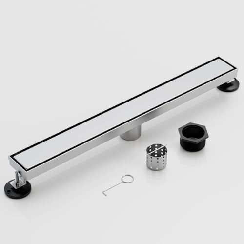 24 Inch Liner Shower Drain with Tile Insert Panels, Stainless Steel Rectangle Liner Drain, Shower Floor Drain with Hair Strainer, Ajustable Leveling Feet (Brushed Nickel) - color: Brushed Nickel-b, size: 24IN