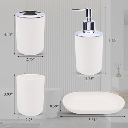 LGURT 4-Pc White Bath Accessories Set — Dispenser, Holder, Cup & Dish | Matte Plastic, Bathroom Vanity, Counter Organizer, Soap Dish & Rinse Cup, Gift - color: White