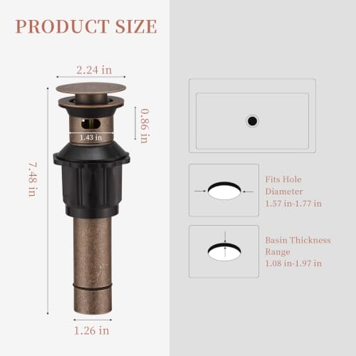 5/8 Inch Bathroom Faucet Vessel Vanity Sink Pop Up Drain Assembly Stopper | with Overflow Push & Seal Copper by Homevacious - color: Copper, style: With Overflow