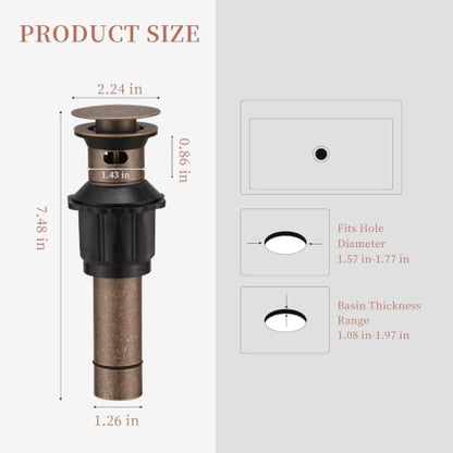 5/8 Inch Bathroom Faucet Vessel Vanity Sink Pop Up Drain Assembly Stopper | with Overflow Push & Seal Copper by Homevacious - color: Copper, style: With Overflow