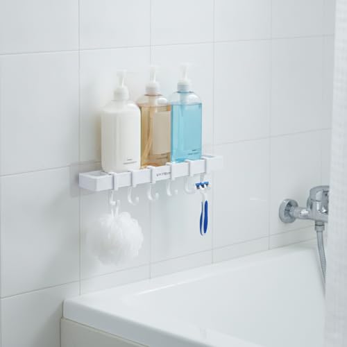 Adhesive Shower Caddy, 13.6-Inch Wide No-Drill Wall Mount Rack for Bathroom & Kitchen, PP Plastic Storage Organizer (1 PC) - color: White