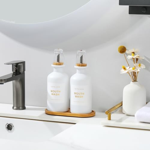 11.8OZ Mouthwash Dispenser, Set of 2, White | Bamboo & Stainless Steel Pour Spout, Mouthwash Cups Reusable, Bamboo Tray, Elegant Gold Label - color: White/350*2