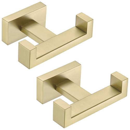Angle Simple Double Towel Hook Brushed Gold, Bathrobe Coat Holder, 2 Pack | SUS304 Stainless Steel Robe Hook for Bathroom Wall, Hand Towel Hanger Screw Wall Mount - color: Brushed Gold, size: 2 Pack