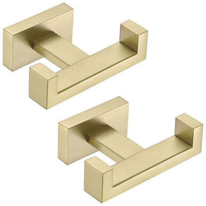 Angle Simple Double Towel Hook Brushed Gold, Bathrobe Coat Holder, 2 Pack | SUS304 Stainless Steel Robe Hook for Bathroom Wall, Hand Towel Hanger Screw Wall Mount - color: Brushed Gold, size: 2 Pack