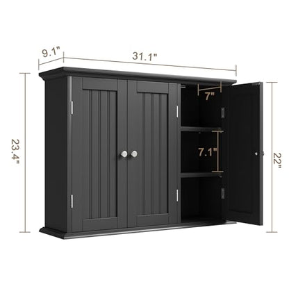 ChooChoo Laundry Cabinet with 3 Doors and Adjustable Shelves | 9.06"D x 31.1"W x 24"H, Bathroom Wall Cabinet, Cupboard, Black - color: Black, size: 9.06"D x 31.1"W x 23.4"H