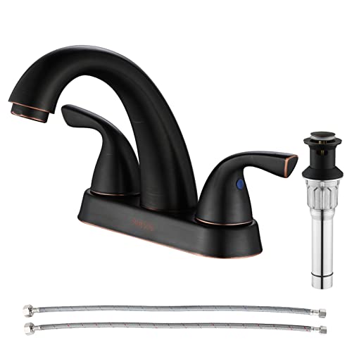 PARLOS Bathroom Sink Faucet 4 Inch Centerset for Vanity,Oil Rubbed Bronze | Mid Arc, 2 Handle Lead-Free Deck Mount Bathroom Faucet with Pop Up Drain Supply Lines, for 2 or 3 Hole Lavatory Utility Sink - color: Oil Rubbed Bronze